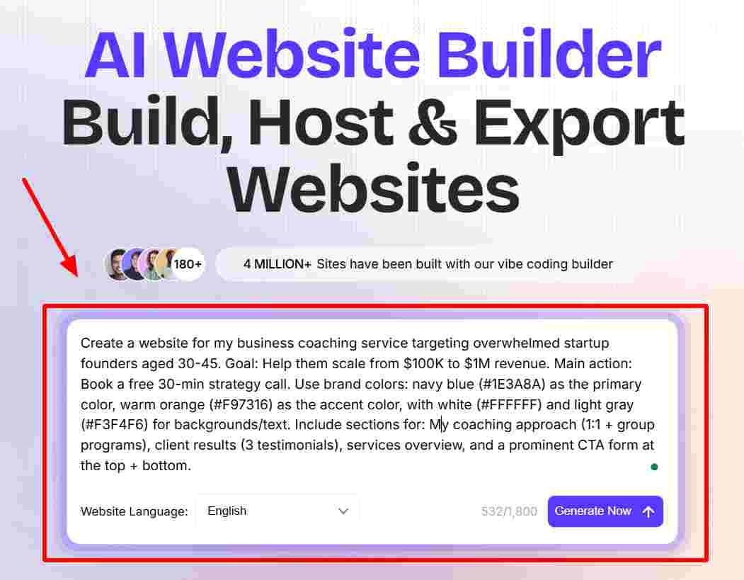 Prompt example on an AI website builder called codedesign.ai.