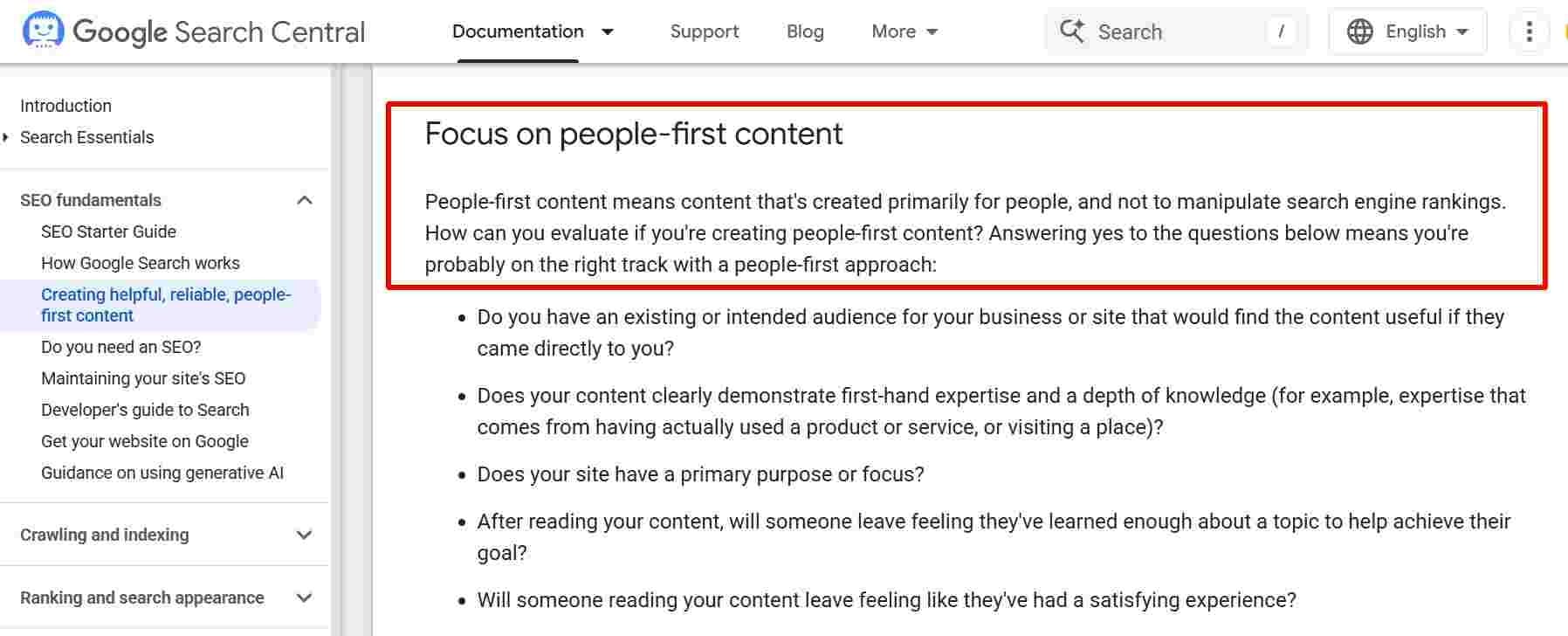 Screenshot of Google’s guidance on people-first content. 