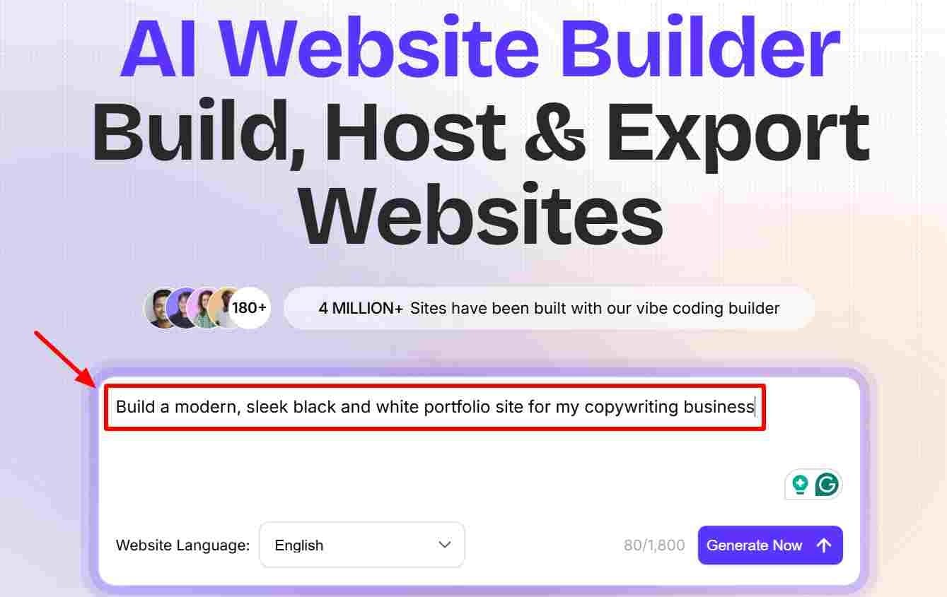 Prompt example on an AI website builder called codedesign.ai.